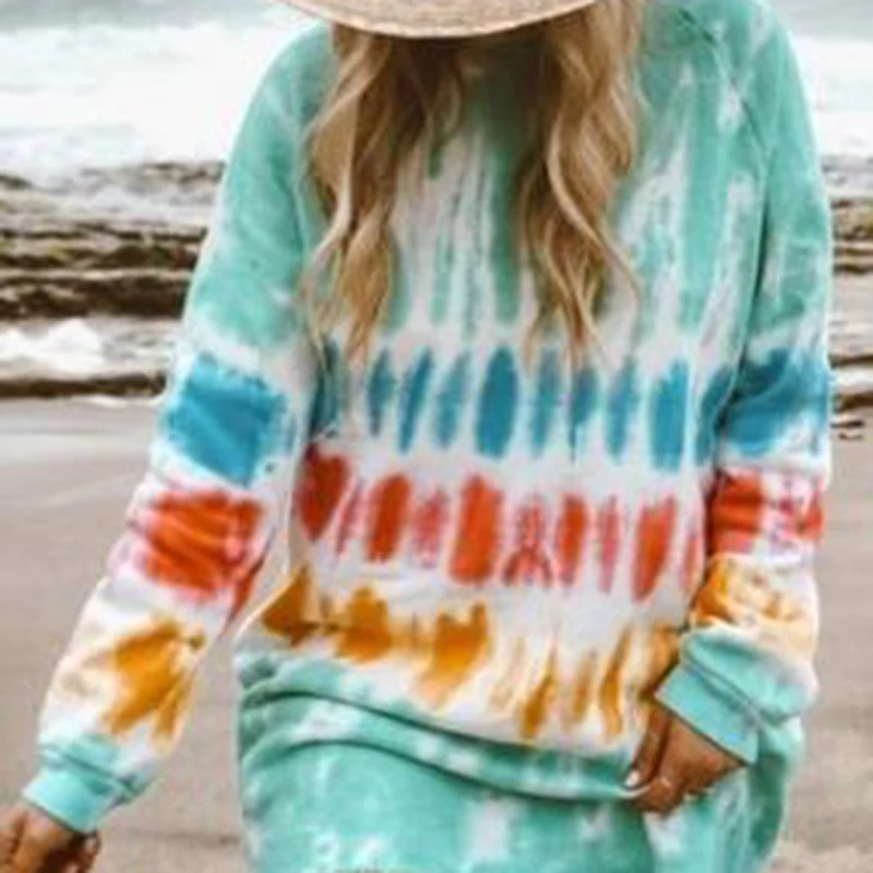 

New Casual Rainbow Tie Dye Print Sweatshirt Dress For Women Long Sleeve O-Neck Mini Dress Female Loose Straight Dress