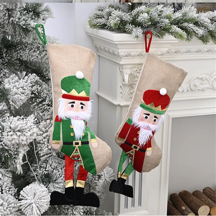 Большой Рождественский чулок льняной Щелкунчик фигурки солдат Подарочная сумка