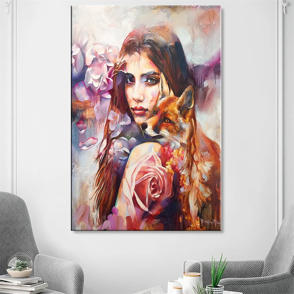 

Abstract Colorful Woman Animal Canvas Painting Wall Art Print Poster Picture Living Room Abstract Woman Lion Fox Home Decoration