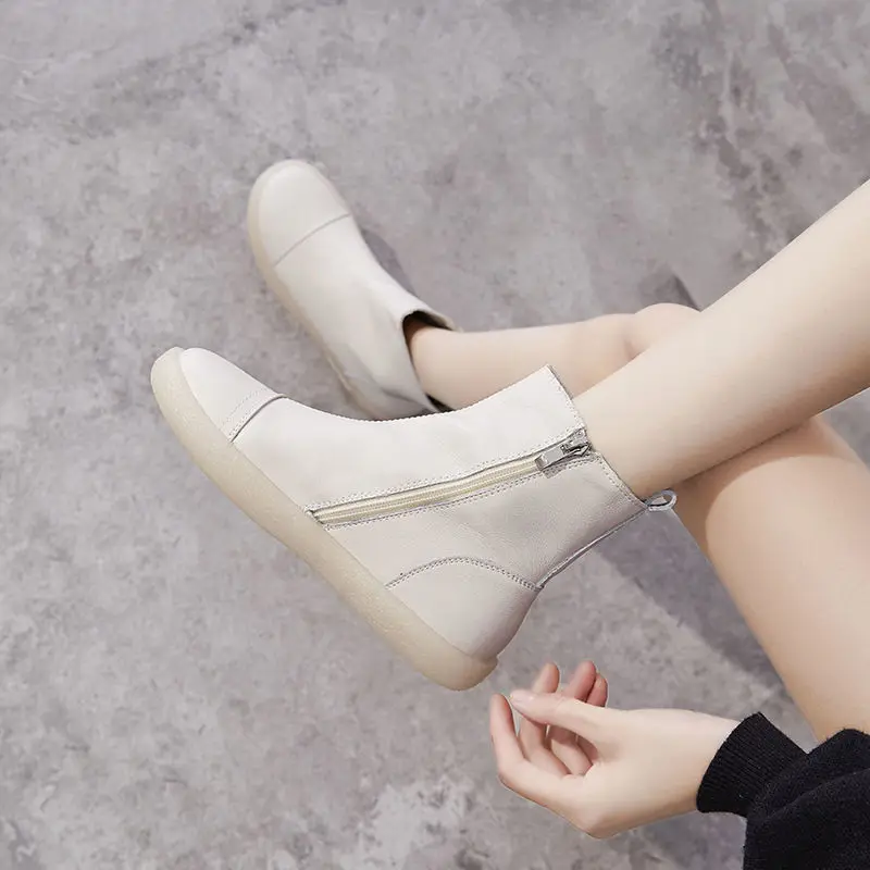 

QWEEK Women Autumn Winter 2021 New High White Black Short Boots Pipe Platform Flat Martens Shoes Rubber Comfortable Moccasins