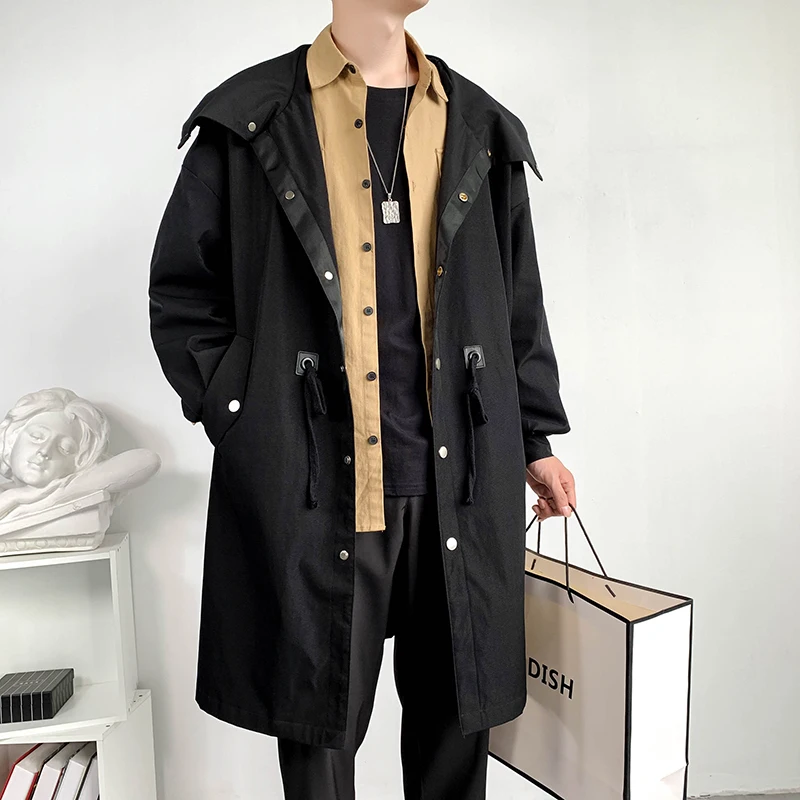 

New Autumn Long Trenchcoat Men's Fashion Black White Hooded Windbreaker Button Pocket Trench Coat Streetwear Youth Clothes