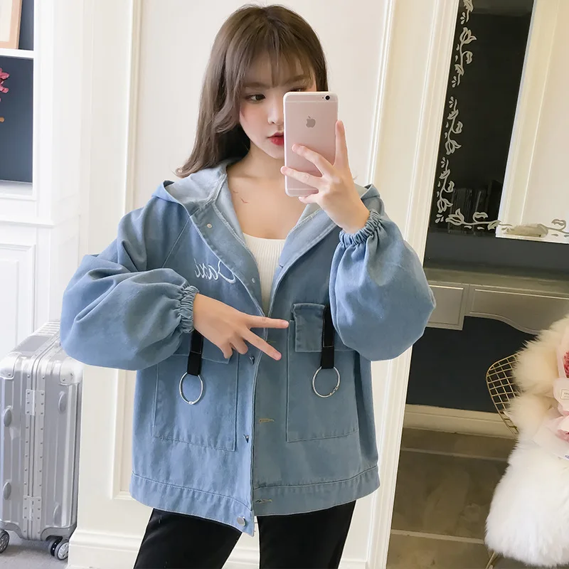 

Candy Color Hooded Women Dennim Jackets 2020 Spring Autumn Big Pocket Embroidery Loose Casual Fashionable Female Jean Coats