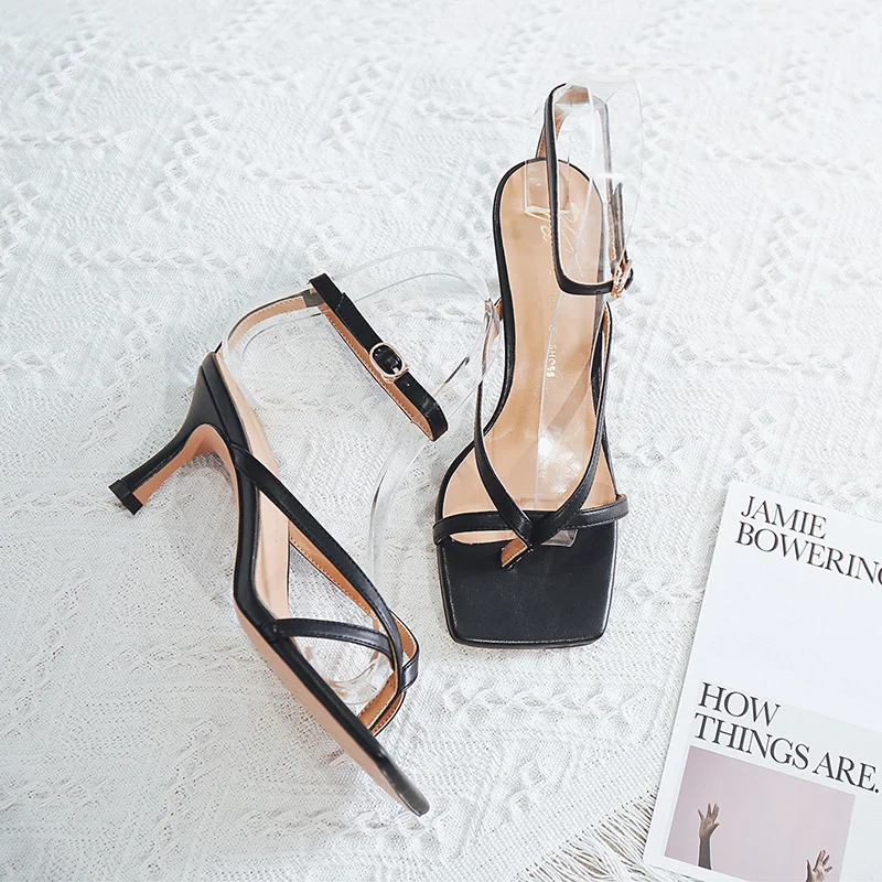 

summer new fairy style of thin sandals 2020 one line buckle high heel Square Head women's shoes