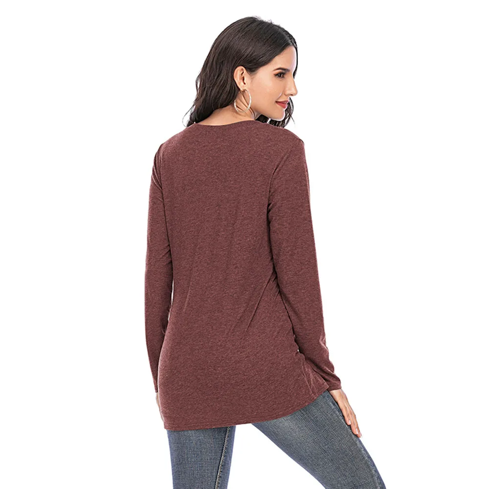 

SEBOWEL Autumn Spring Women's Casual V-neck Tops Clothes Female Basic Bottoming Pullovers Ladies Long Sleeve Pockets T-shirts