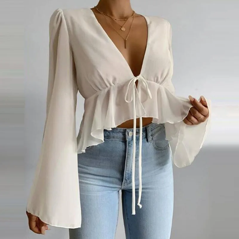 

Zoulv Spring 2021 Casual Tee Tops Women T-shirts Long Flare Sleeve Solid V-neck Sexy Tees Cropped Shirts Sexy Short Shirt Tops