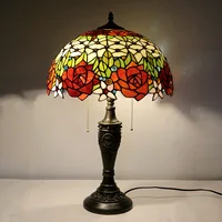 European Classic Red Flower Tiffany Lamp Creative Stained Glass Garden Bedroom Bedside Lamp Resin Simple Art Table Lamp