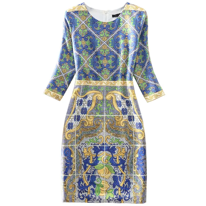 

AELESEEN Runway Fashion Women Dress Half Sleeve Designer High Quality Jacquard Dress Flower Print Blue Vintage Knee Party Dress