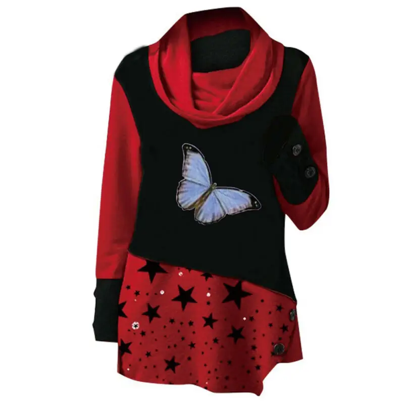 

Women Roll Neck Butterfly Sweatshirt Casual Blouse Long Sleeve Pullover Tops 3XL
