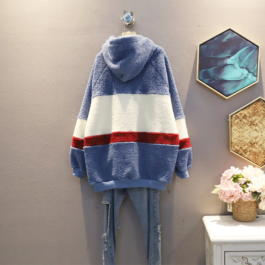 

Vefadisa Plus Size Blue Patchwork Women Cashmere Sweatshirt 2020 Fall Winter Thick Stitching Color Pullover Coat Hooded QYF4428