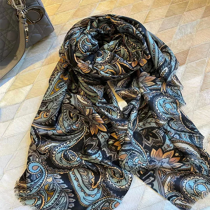 

Winter Navy Blue Black Scarves Wraps Women 100% Cashmere Shawls Hijabs National Style Large Paisley Design Long Scarves Tippets
