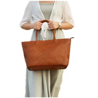100 genuine leather women shoulder bag summer casual inner fabric shopping bag vintage tote bag cowhide hollow woven bag