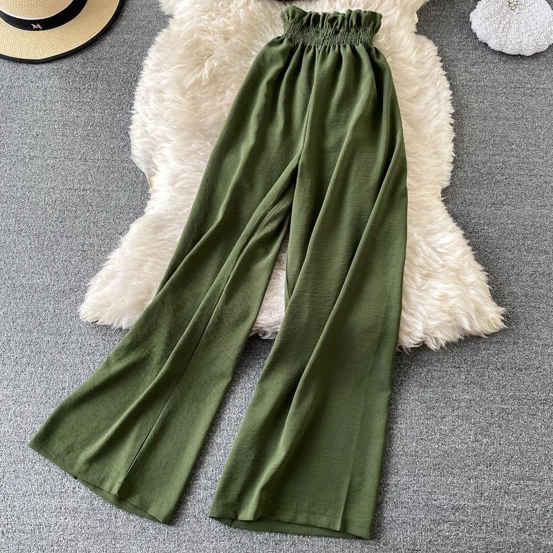 

Spring Summer Green/Black/Red Two Piece Set Women Sexy Slash Neck Short Tops + High Waist Wide Leg Pants Female Suit New 2021