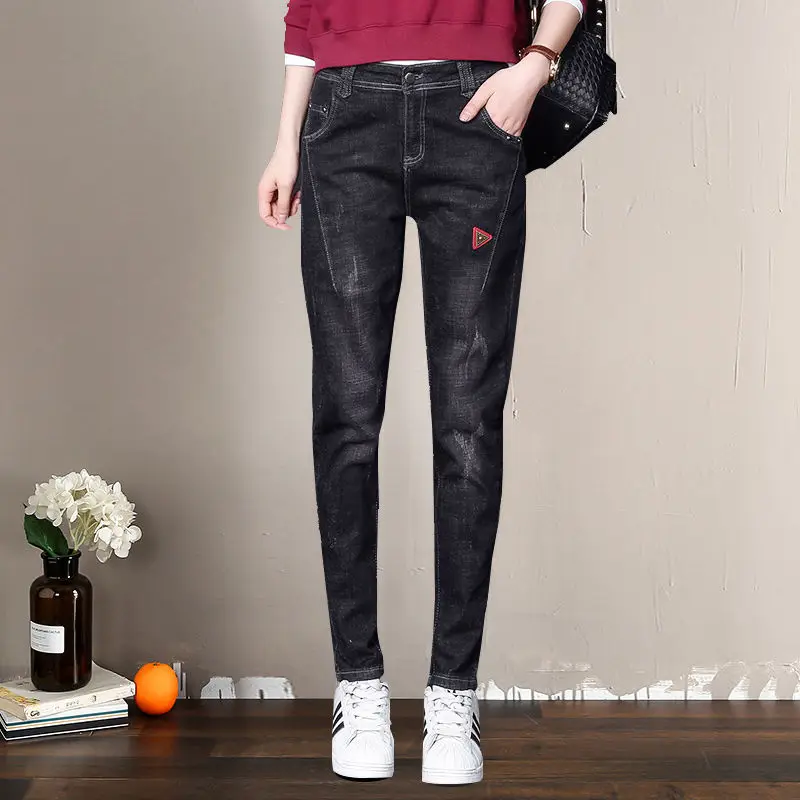 

Woman Jeans Pants Spring Autumn Black Loose Tapered Casual Trousers