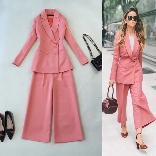 Женский весенне-осенний популярный женский костюм розовый + Прямые брюки