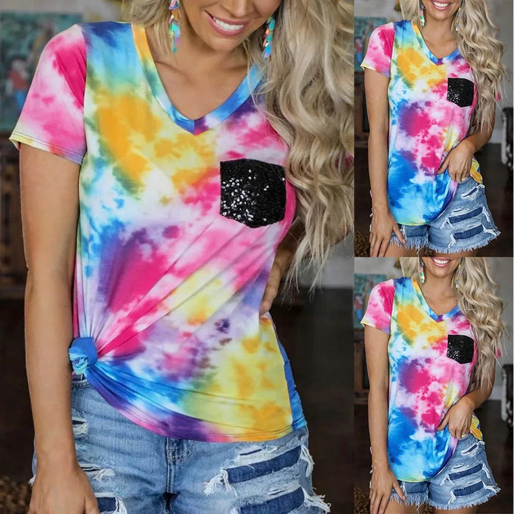 

Женский топ с коротким рукавом, V-образным вырезом и принтом