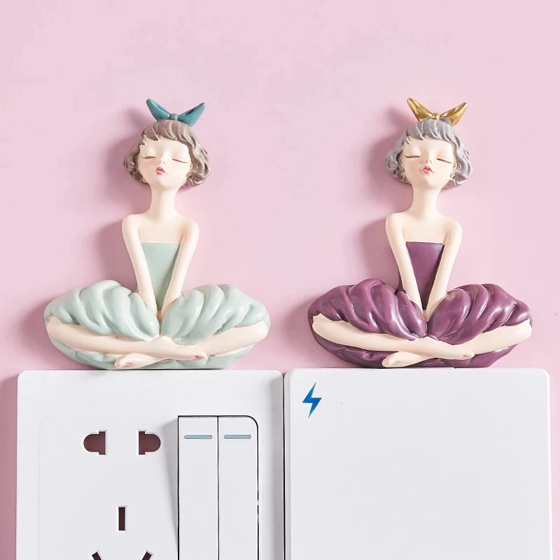 3D Cartoon Girl Resin Switch Wall Stickers  Living Room Doorbell Sticker Creative Home Decoration Accessories 1