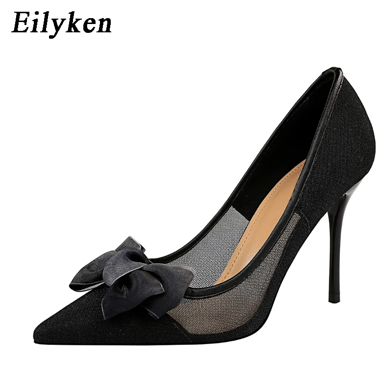 Black Eilyken/пикантные женские туфли из сетчатого материала; Цвет черный, синий; женские туфли-лодочки; модные туфли на высоком каблуке с бантом; женские вечерние туфли с острым носком - Цвет: Black