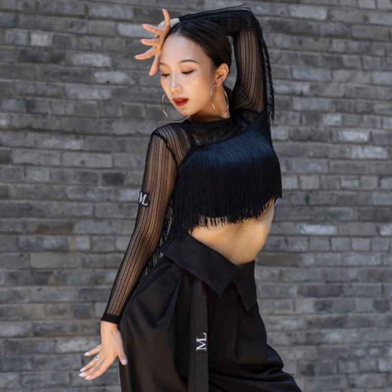 Женские топы для танцев отделанный бахромой латинский сексуальная прозрачная