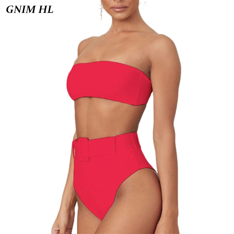 

Купальник-бикини GNIM с высокой талией, женский купальник 2019 в бразильском стиле, сексуальный однотонный Купальник для женщин из двух предмет...