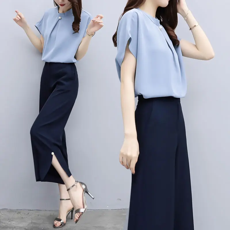 

2020 Summer Women Two Piece Outfits Wide Leg Pants Korean Women's Chiffon Loose Plus Size Two Piece Sets Crop Tops and Pants