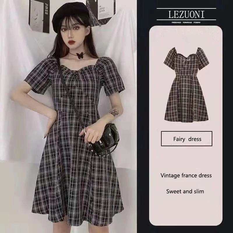 

Summe Girls Plaid Pleated Dress Plus Vintage Women Dress France Floral Elegant Chiffon Party Sundress O-Neck Robe