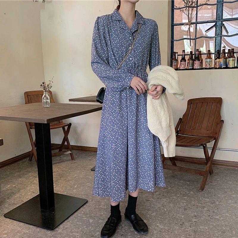 

YAMDI Midi Dress Female Korean Fashion Runway Dress Polka Dot Chiffon Dress Women Woman Ladies Dresses Long Sleeve High Elastic