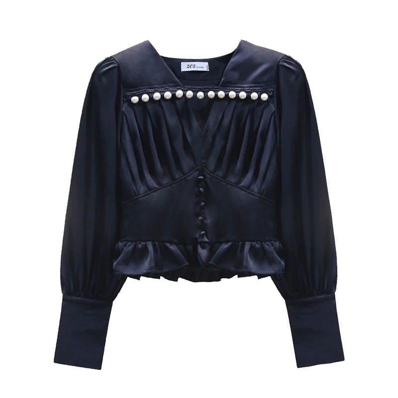 Big Pearl Beaded Blouse for Women Long Sleeve V Neck Short Satin Shirt Business Lady All-Match Slim Fit Blusas White Black