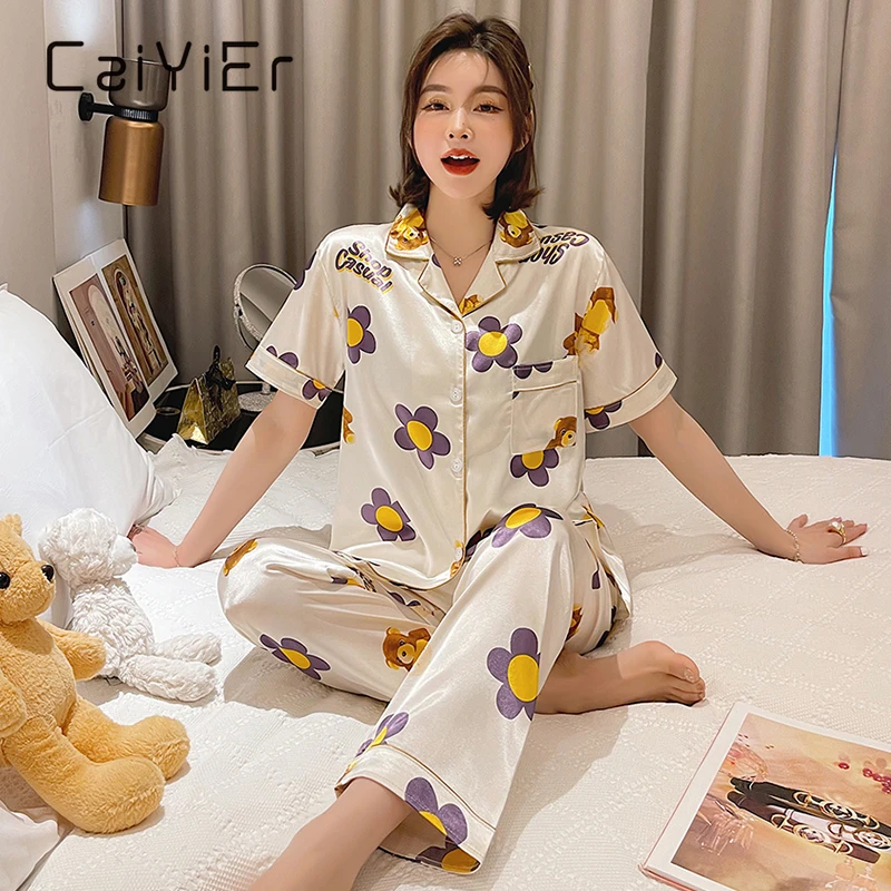 CAIYIER Summer Women New Pajamas Suit Silk satin Nightwear Girl Sweet Cartoon printing Pyjamas Short-sleeved Trousers Sleepwear