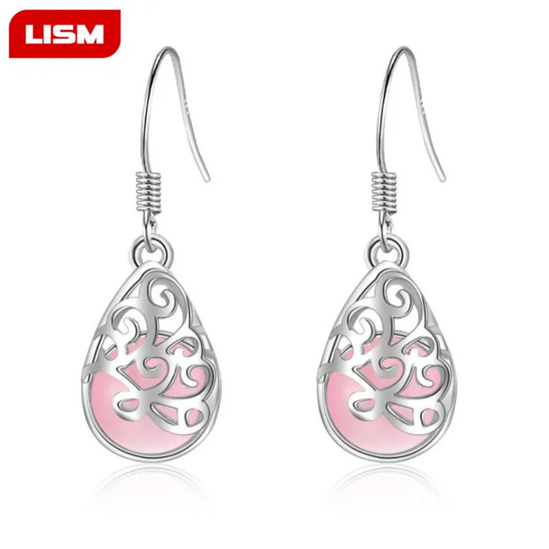 

925 Sterling Silver Earrings pendientes Moonlight Opal Tear Drop Pendant Earring