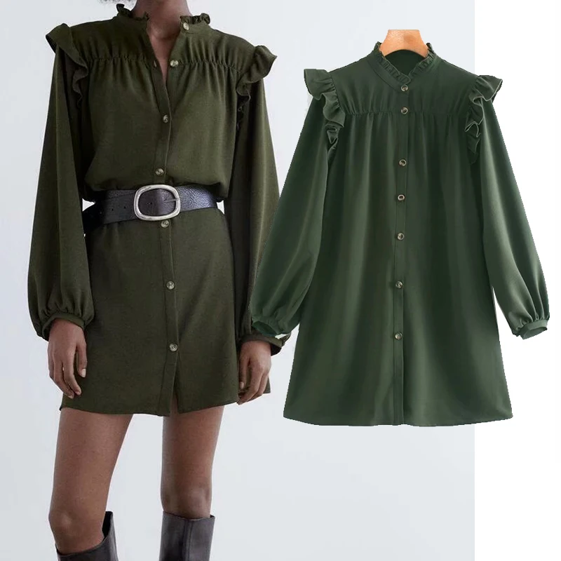 ZA 2020 new women Retro Casual lace decoration Lantern SleeveElegant Ruffled Dresses Ladies Loose Vestidos Dress | Женская одежда