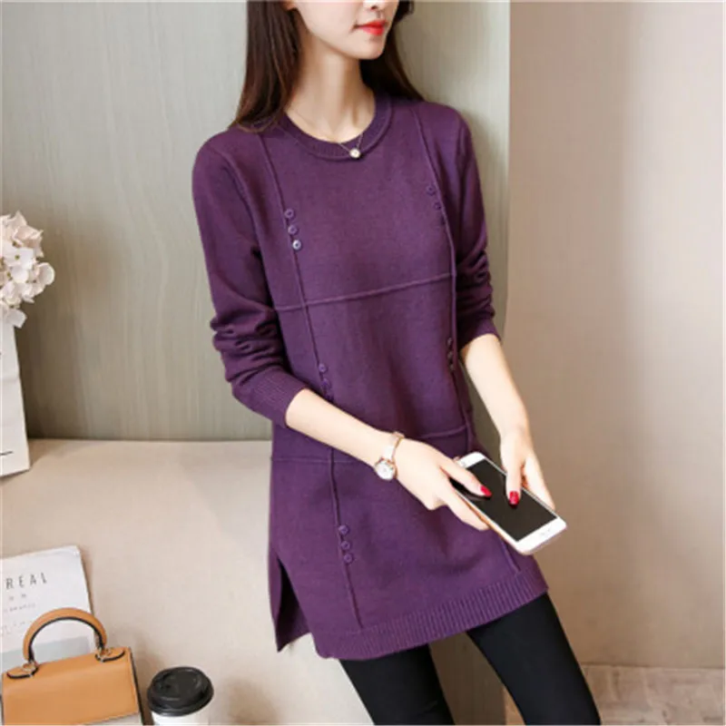 Осенние повседневные вязаные свитеры женские пуловер средней длины Дамская