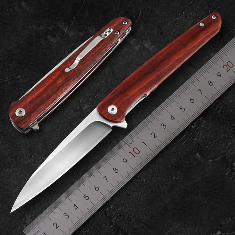 

D2 Survival Folding Knife Sandalwood Handle Mini Outdoor Camping Hunting Pocket Knife Fast Open EDC Tools Kitchen Fruit Knife