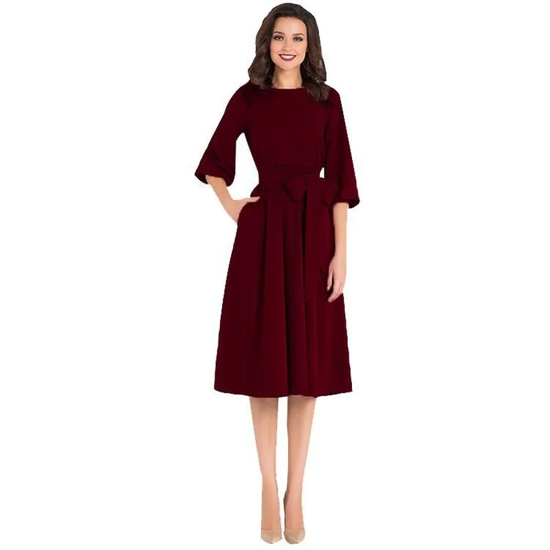 

Houthion New Long Sleeve Women's Dresses High Waist Lace A-Line Knee-Length Loose Fashion Casual Solid O-Neck Midi Dress
