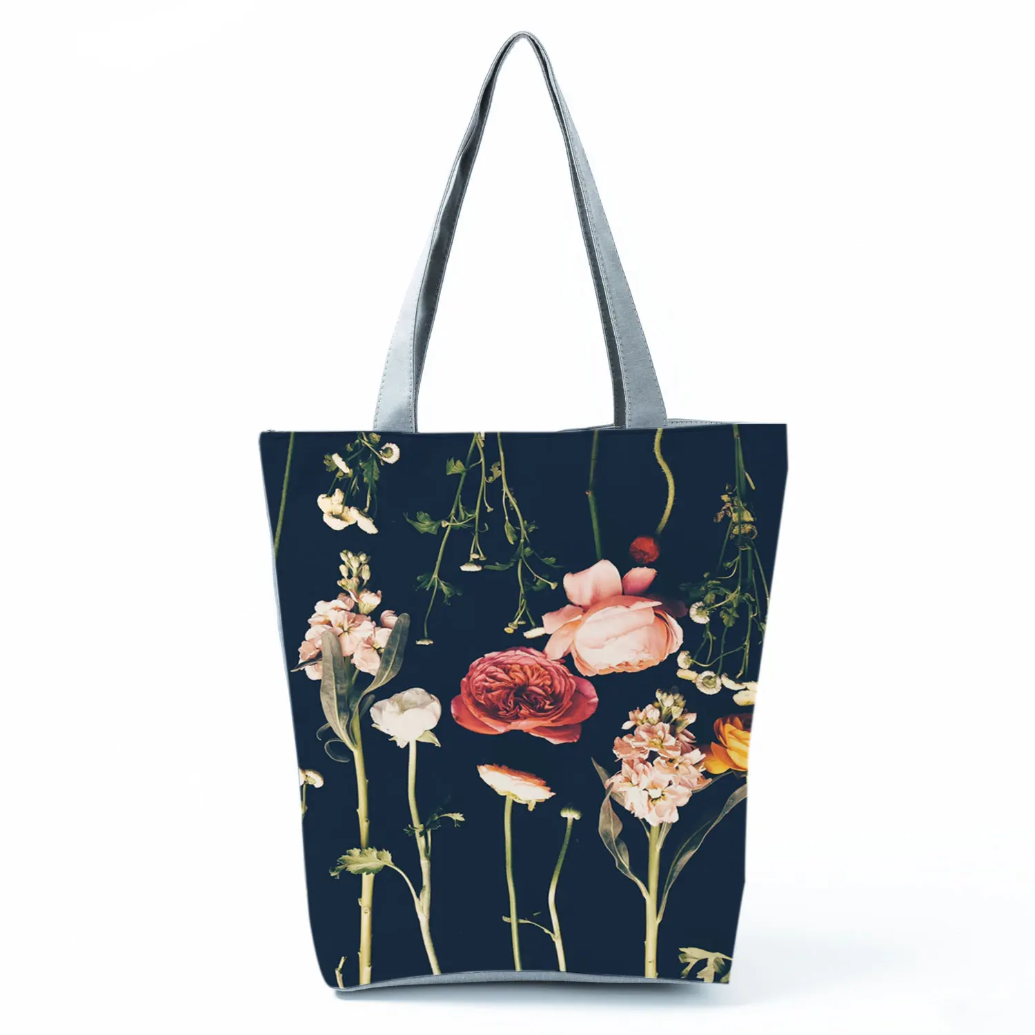 

Floral Printed Handbag Rose High Capacity Shoulder Bag Navy Blue Eco Reusable Shopping Bag Casual Women Tote Can Custom Pattern