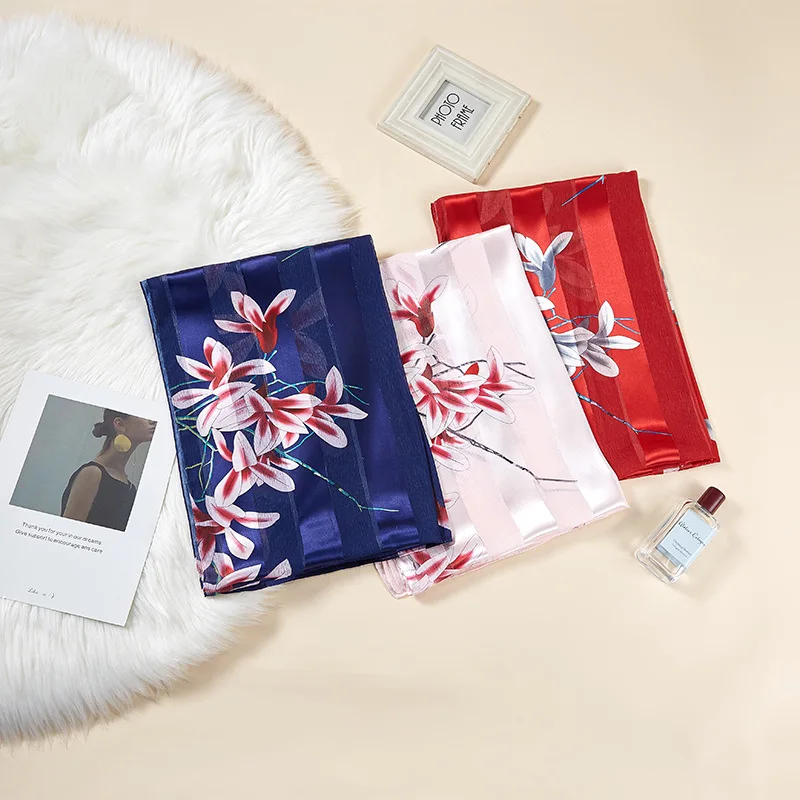 

Magnolia Flower Printing White Pashmina 100% Silk Scarf 170*60cm Long Woman Scarves Pashmina Hijab Scarf Shawl Mother's Day Gift