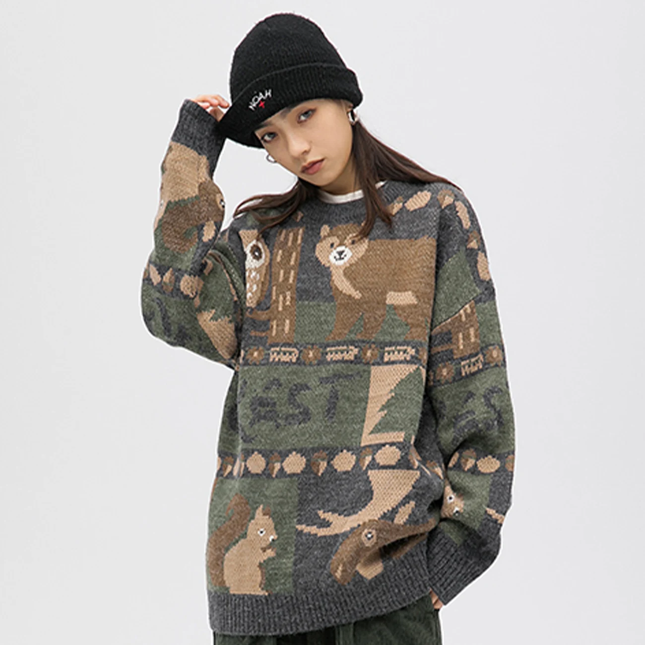 Вязаный свитер унисекс в стиле хип-хоп с принтом Совы и медведя хлопковая уличная