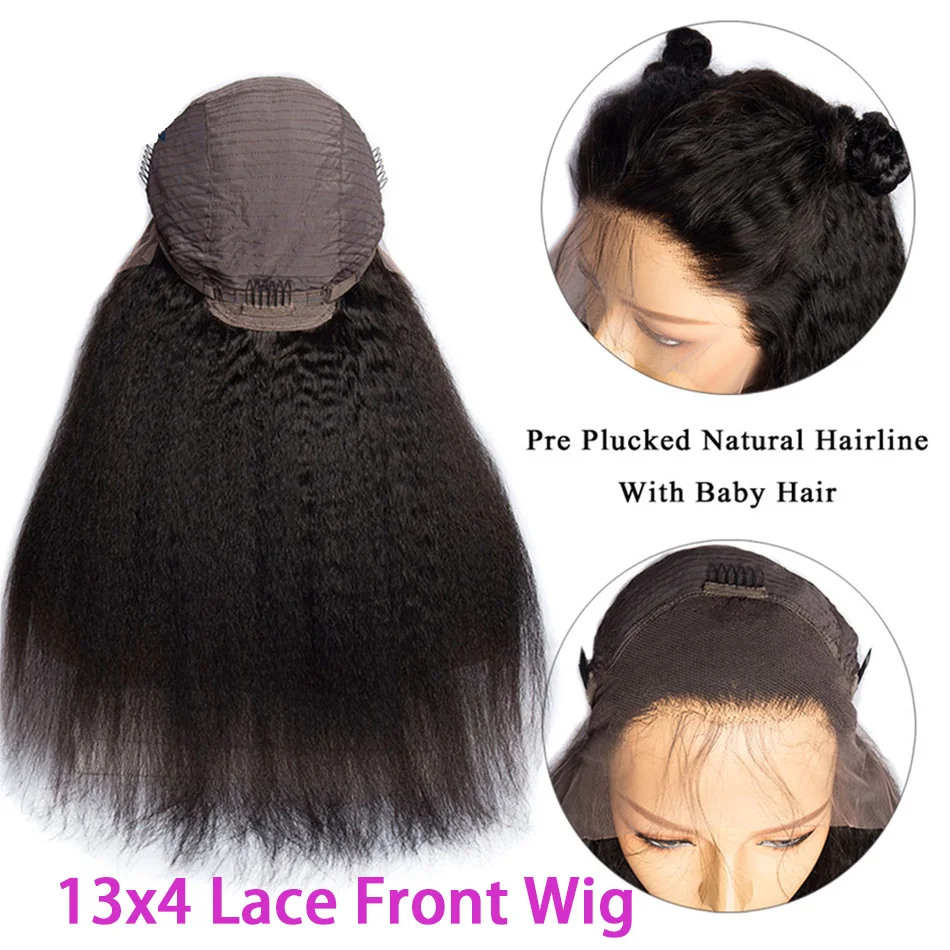 Kinky Straight Wig 13x4 Lace Front Human Hair Wigs Brazilian Virgin Glueless For Woman Afro 180 Density | Шиньоны и парики