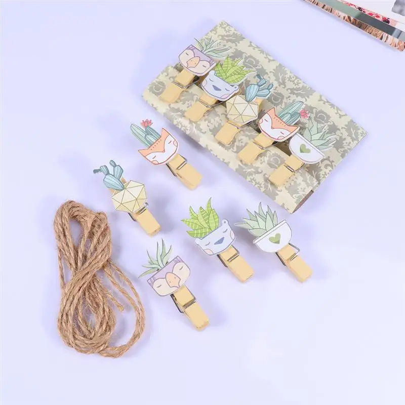 

10PCS Mini Clips Cute Cactus Clothespin Cartoon Photo Craft Clips with Twine Party Favors for Hanging Photos Decoration Artwork