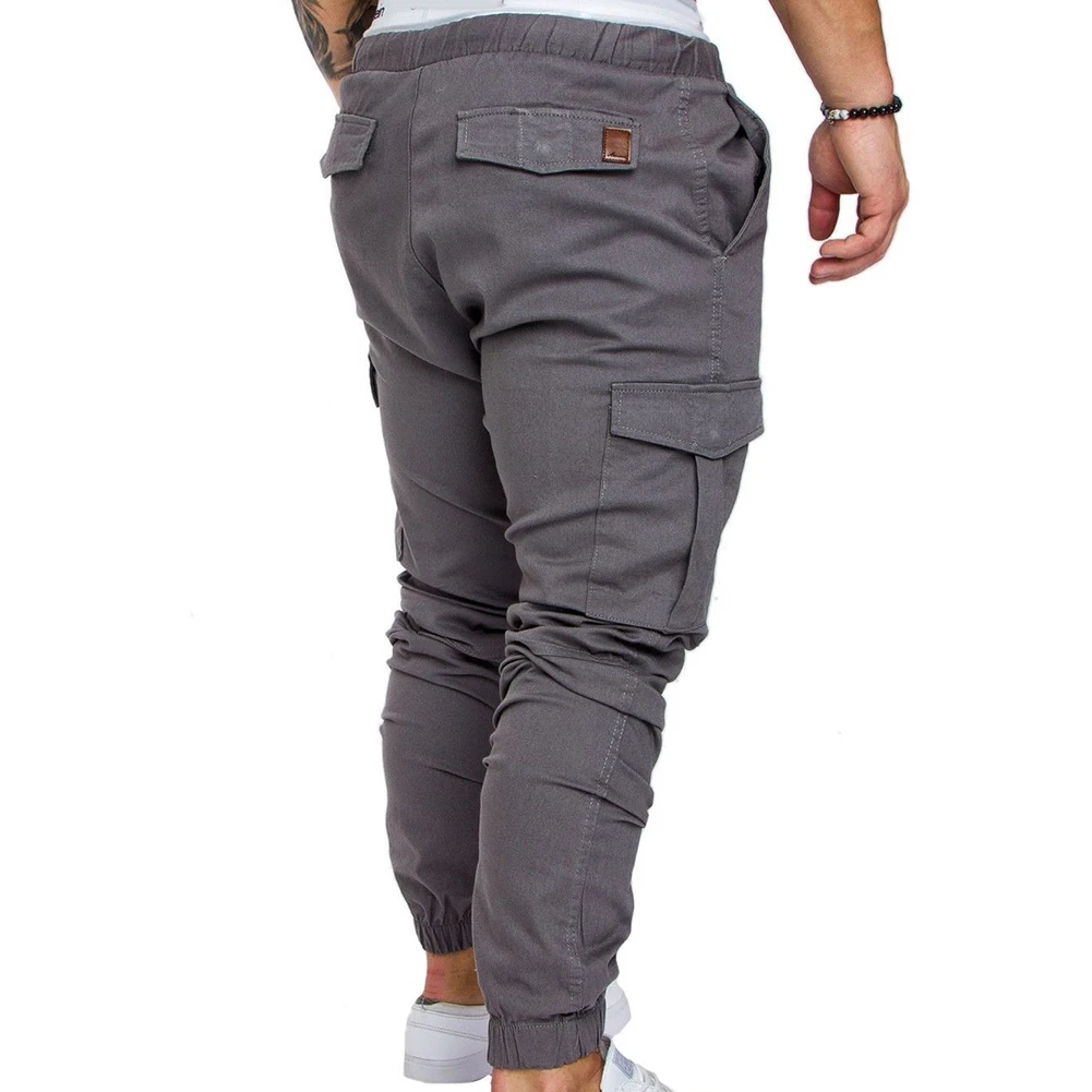 

Men Casual Solid Color Pockets Waist Drawstring Ankle Tied Skinny Cargo Pants