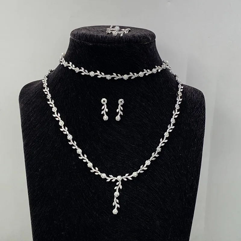 

Lanyika Jewelry Set Exquisite Floret Zirconia Micro Pave Necklace with Earrings, Bracelet and Ring for Woman Wedding Party Gifts