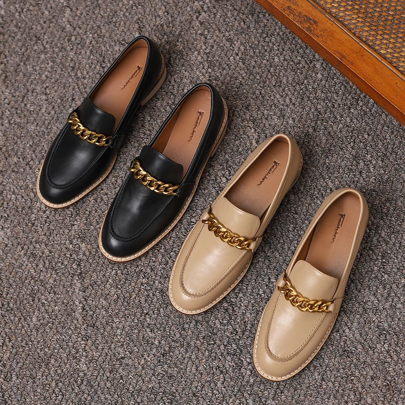 

WETKISS 2021 New Woman Loafers Flats Shoes Casual Genuine Leather Round Toe Slip on Shoes Fashion Metal Chain Decor Shoes