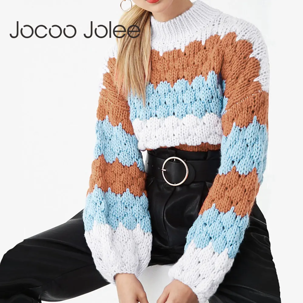 

Women Long Sleeve Turtleneck Knitted Cropped Sweater Elegant Hit Color Patchwork Loose Pullover Autumn Streetwear Jumper Tops