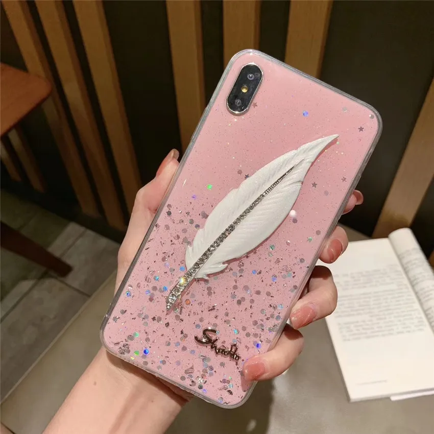 Чехол для телефона с блестками и перьями iPhone 7 6s 6 8 plus X Xr Xs Max задняя крышка