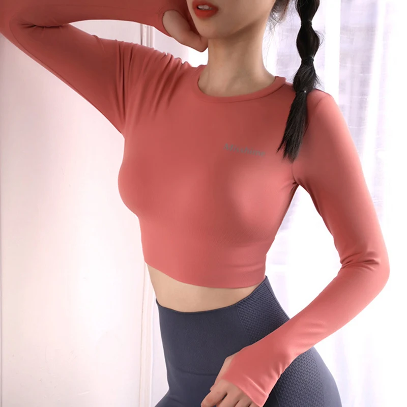 pink Zhangyunuo сексуальные поясничные Йога Топ палец рукав однотонные Короткие топы женские с длинным рукавом Спортивные сексуальные обтягивающие спортивные фитнес толстовки для активных - Цвет: pink