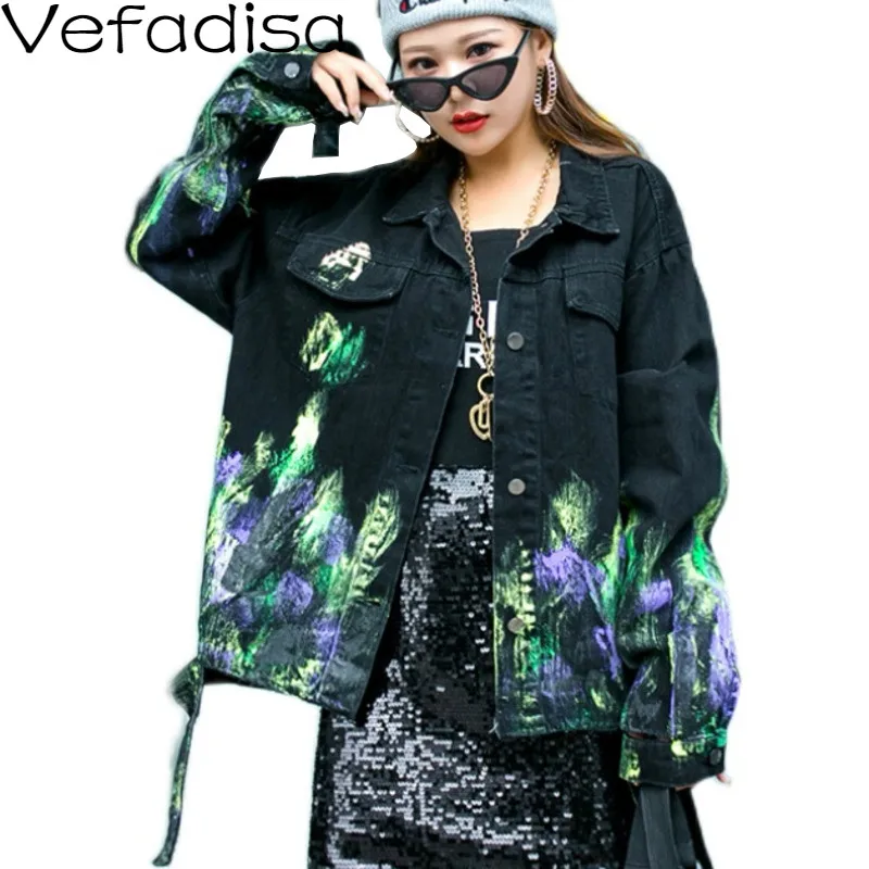 Женская джинсовая куртка Vefadisa черная однобортная Повседневная с принтом
