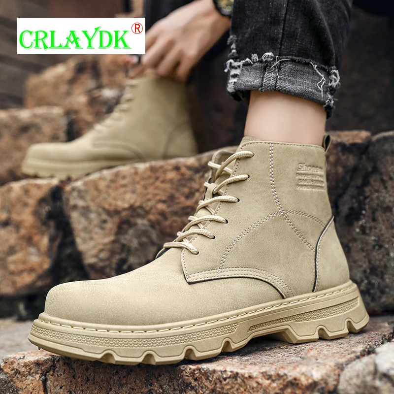

CRLAYDK Winter Men's British Style Tooling Boots Leather Ankle Waterproof Work Outdoor Casual Military Shoes Motorcycle Retro