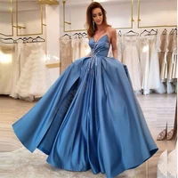 stunning blue evening dresses charming strapless sleeveless v neck a line vestido gown crystal pleat slit satin robe de soiree