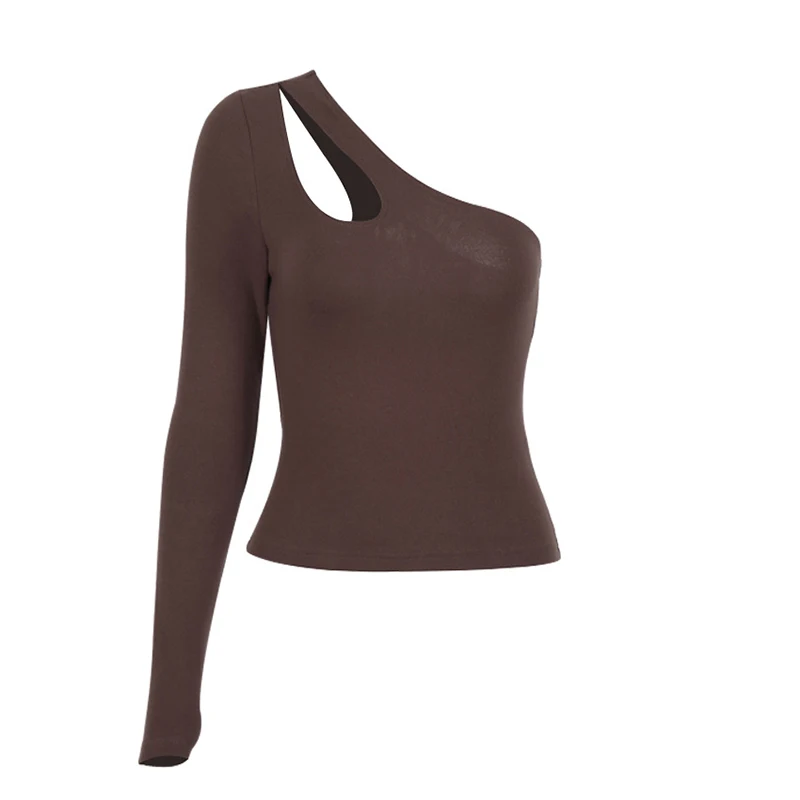 

ONEINALL Hollow Out Slim T Shirt For Women Skew Collar Long Sleeve Off Shoulder Irregular Sexy T Shirts Female 2021 Fashion New