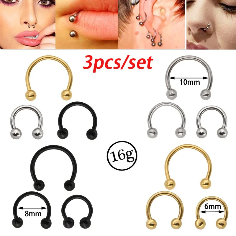 

3pcs Stainless Steel Nose Hoop Ring Septum Rings Lip Studs Nostril Earrings Circular Tragus Ear Piercing Horseshoe Body Jewelry