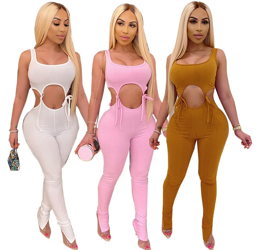 

Женский трикотажный комбинезон, Облегающий комбинезон без рукавов с квадратным вырезом, на шнуровке, лето 2021